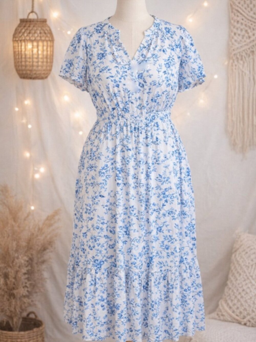 French Connection Blue Floral Tiered Maxi Dress XL Cottagecore Coastal Boho